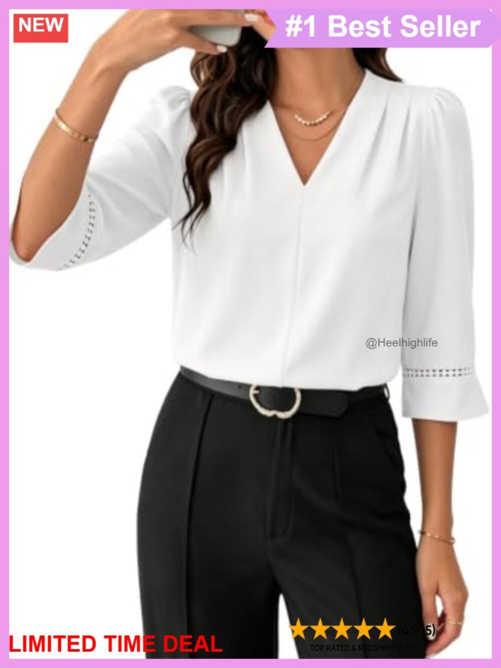 Women's Pleated V-Neck Blouse 3/4 Bell Sleeve Ruffle Cuff Business Casual